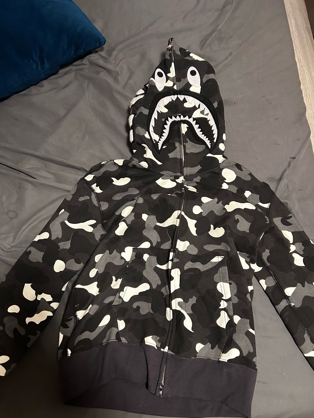 Men Bape Black & Gray Camo Shark Zip-Up Hoodie